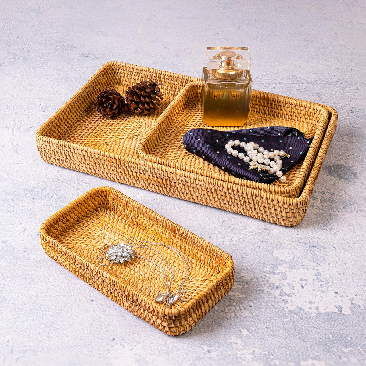Handmade Rattan Serving Trays, Set of 3, Woven Rectangular Storage Baskets