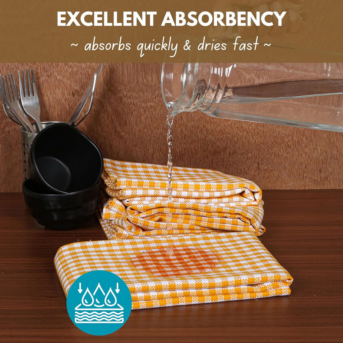 Native Fab 6 Pack Gingham Mini Check Kitchen Hand Towels Set - 100% Cotton Absorbent Reusable Washable 16"x26" - Quick Drying Dish Towels with Hanging Loops for Kitchen, Yellow White