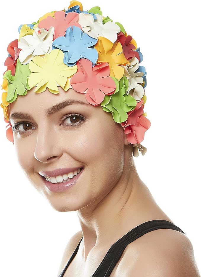 BEEMO Floral Petal Ladies Bathing Swim Cap Women Retro Swim Hat Long/Short Hair