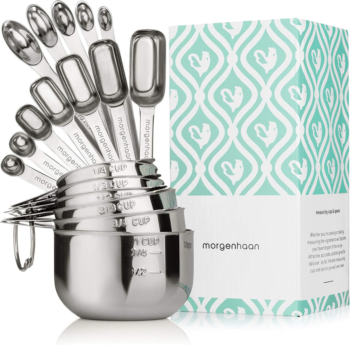 Heavy-Duty 304 Stainless Steel Measuring Cup Set (18-Piece) - Stackable, Dual Metric/US, Long & Narrow Spoons for Spice Jars + 5 Mini Spoons