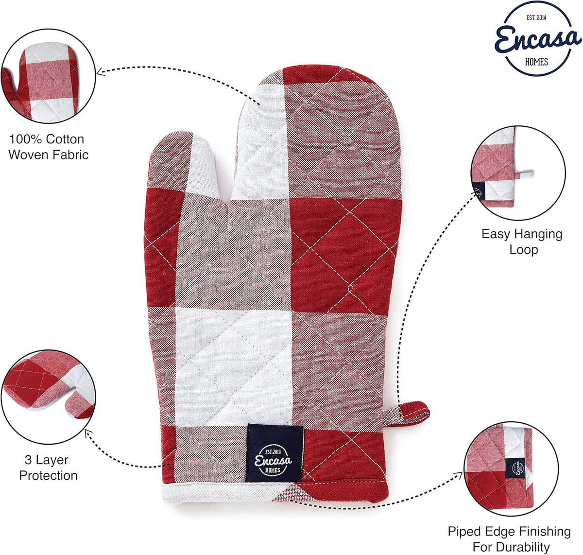 Encasa XO Long 12"x7" Oven Microwave Hand Gloves Mitts (2 pc Set) for Kitchen Cooking & Baking - Heat Resistant, Thick & Safe, Protection of Hands from Hot Utensils - Buffalo Red Checks