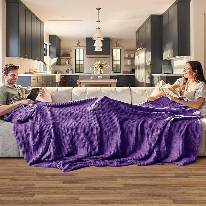 Bedsure 100% Cotton Blanket Queen Size for Bed - Breathable and Soft, Waffle Weave Blanket for Summer, Thick Cozy Fall Blankets for Women Gift, Purple, 90x90 Inches