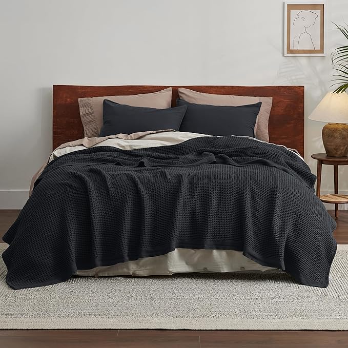 Bedsure 100% Cotton Blanket Queen Size for Bed - Breathable and Soft, Waffle Weave Blanket for Summer, Thick Cozy Fall Blankets for Women Gift, Black, 90x90 Inches