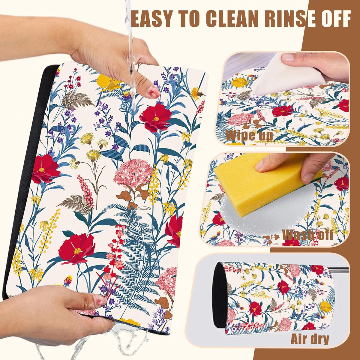Dish Drying Mat Spring Flowers Coffee Bar Mat for Countertop Botanical Coffee Mat Absorbent Rubber Backed Hide Stain Dish Drainer Rack Mat Coffee Maker Coffee Pot Dining Room Decor 15.7 x 23.6 Inch