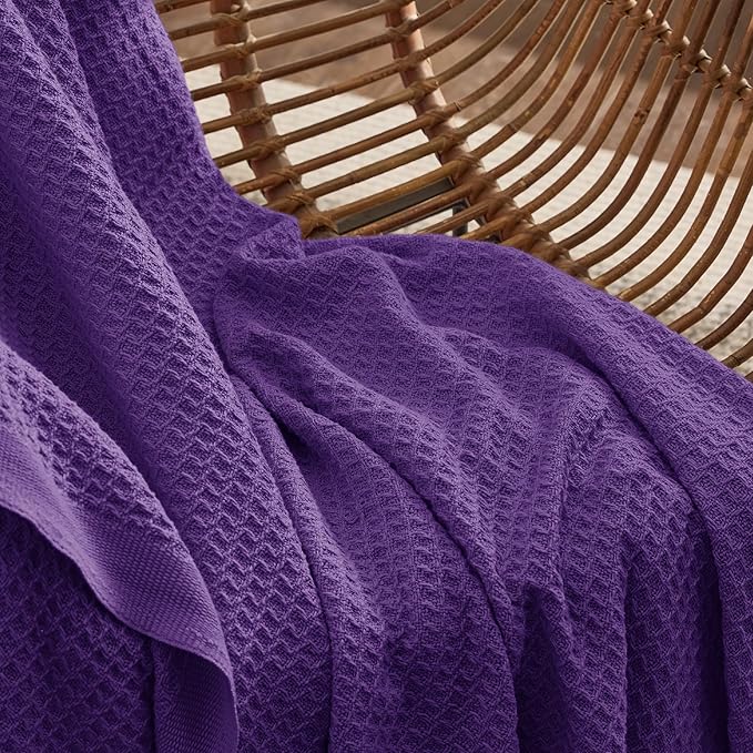 Bedsure 100% Cotton Blanket King Size for Bed - Breathable and Soft, Waffle Weave Blanket for Summer, Thick Cozy Fall Blankets for Women Gift, Purple, 104x90 inches