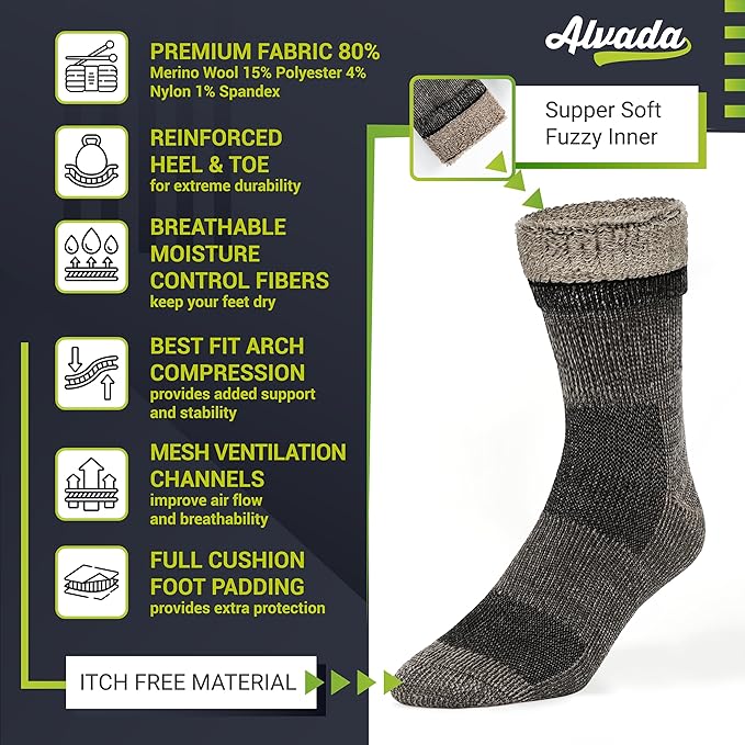 Alvada Merino Wool Hiking Socks Thermal Warm Crew Winter Boot Sock For Men & Women 3 Pairs