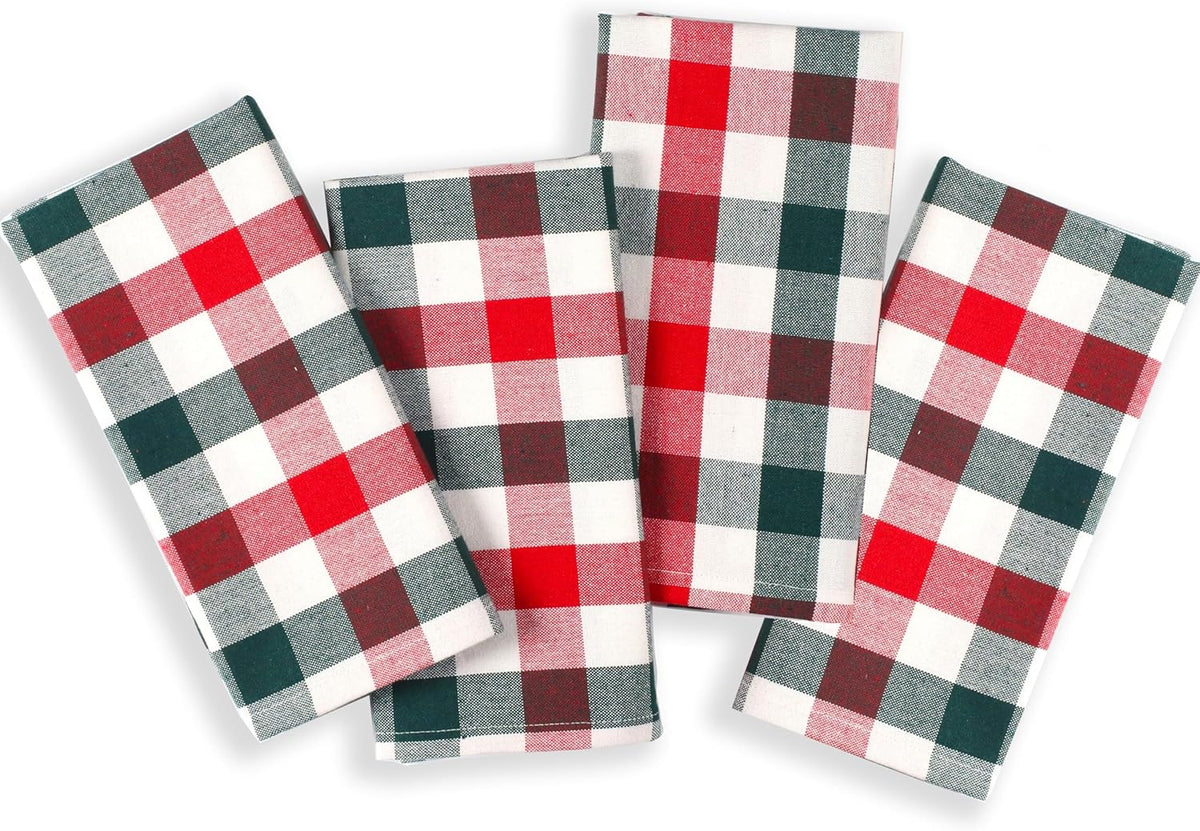 Native Fab Gingham Check Kitchen Towels 4 Pack 16x26 Inches - 100% Cotton, Soft, Absorbent Tea Towels & Kitchen Hand Towel for Drying, Cleaning & Reusable Dishcloths Set - Red, Green, White