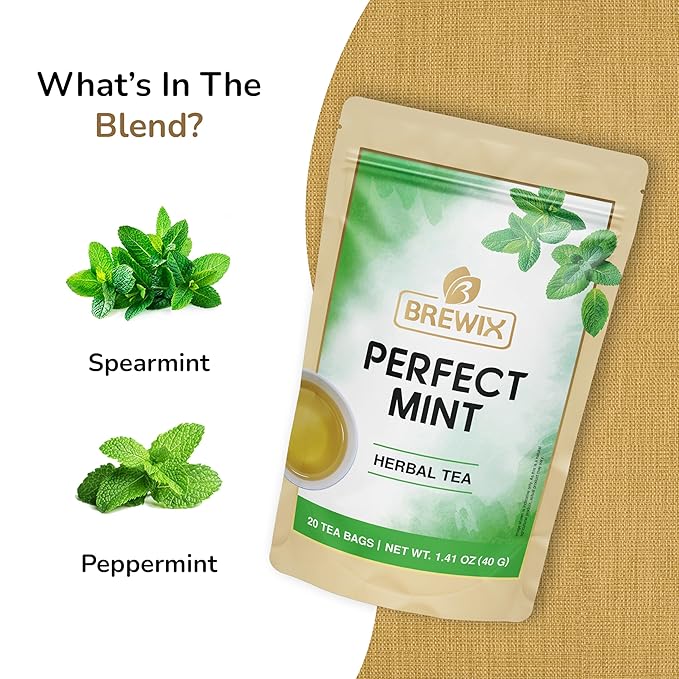 BREWIX, Perfect Mint Tea (20 Pyramid Tea Bags) | Soothing Mint Blend for Digestion Support & Daily Calm | Calming, Fresh and Cool | Caffeine Free Herbal Tea | No Sugar & No Caffeine | Spearmint and Peppermint