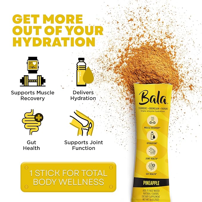 Bala Enzyme Hydration & Sugar-Free Drink Mix - Turmeric, Bromelain, Papain, Immunity, Mobility - Pineapple 0.25oz (10 Count)