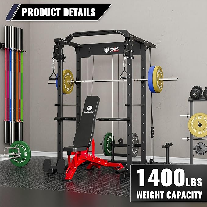 MAJOR FITNESS PLM03 Power Rack - 1400LBS Home Gym with Cable Crossover, Pull-Up Bar & Landmine, Strength Training Equipment
