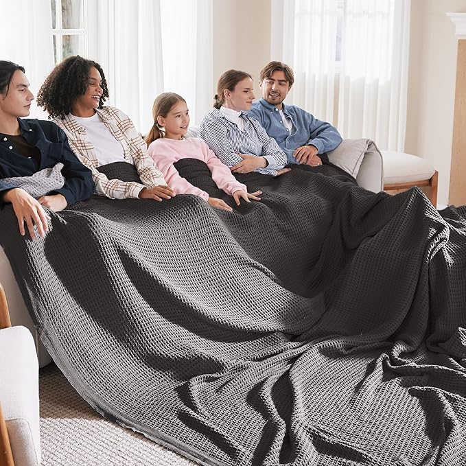 Bedsure 100% Cotton Large Blanket Oversized King for Bed - Breathable Thick Waffle Weave Blanket for Summer, Couch Cover, Dark Grey, 120x94 inches