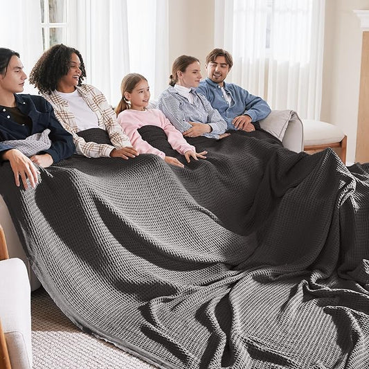 Bedsure 100% Cotton Large Blanket Oversized King for Bed - Breathable Thick Waffle Weave Blanket for Summer, Couch Cover, Dark Grey, 120x94 inches