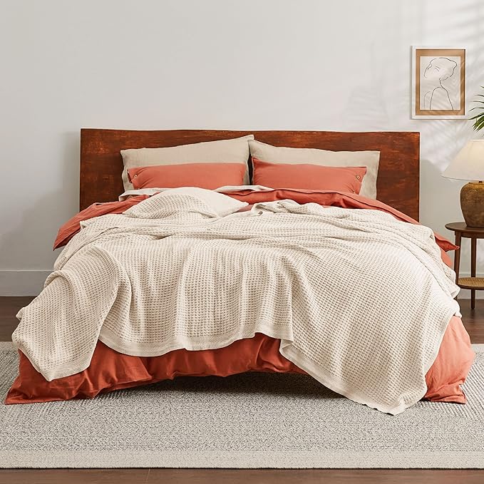 Bedsure 100% Cotton Blanket King Size for Bed - Breathable and Soft, Waffle Weave Blanket for Summer, Thick Cozy Fall Blankets for Women Gift, Yellowish Cream, 104x90 inches