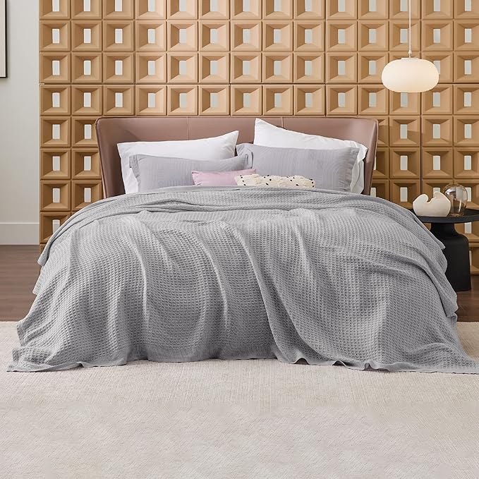 Bedsure 100% Cotton Blanket Queen Size for Bed - Breathable and Soft, Waffle Weave Blanket for Summer, Thick Cozy Fall Blankets for Women Gift, Grey, 90x90 Inches