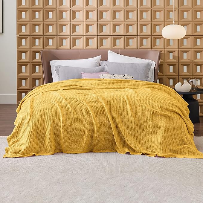 Bedsure 100% Cotton Blanket King Size for Bed - Breathable and Soft, Waffle Weave Blanket for Summer, Thick Cozy Fall Blankets for Women Gift, Mustard Yellow, 104x90 inches