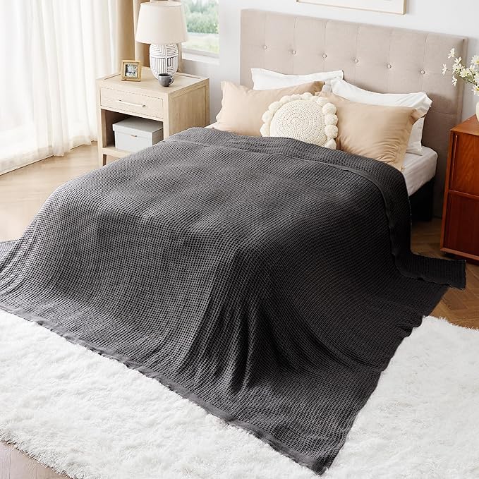 Bedsure 100% Cotton Large Blanket Oversized King for Bed - Breathable Thick Waffle Weave Blanket for Summer, Couch Cover, Dark Grey, 120x94 inches