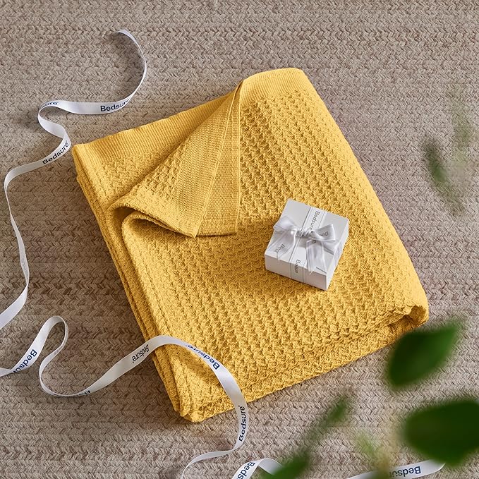 Bedsure 100% Cotton Blanket King Size for Bed - Breathable and Soft, Waffle Weave Blanket for Summer, Thick Cozy Fall Blankets for Women Gift, Mustard Yellow, 104x90 inches