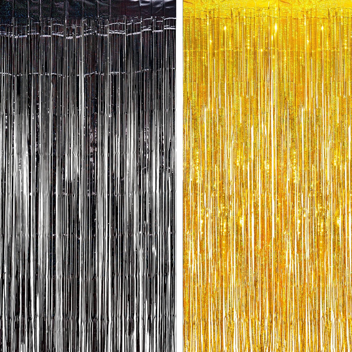 BRAVESHINE Black Gold Foil Fringe Curtain Backdrop - 2 Pack 3.2 x 8.2 ft Metallic Tinsel Photo Booth Streamers Curtains for 50th Birthdays Christmas New Years Anniversary Graduates Party Decorations