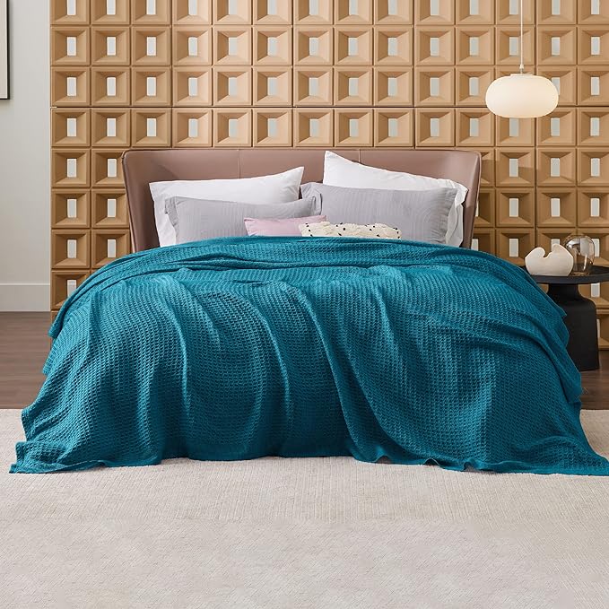 Bedsure 100% Cotton Blanket Queen Size for Bed - Breathable and Soft, Waffle Weave Blanket for Summer, Thick Cozy Fall Blankets for Women Gift, Teal, 90x90 Inches