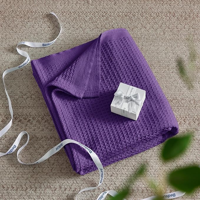 Bedsure 100% Cotton Blanket Queen Size for Bed - Breathable and Soft, Waffle Weave Blanket for Summer, Thick Cozy Fall Blankets for Women Gift, Purple, 90x90 Inches