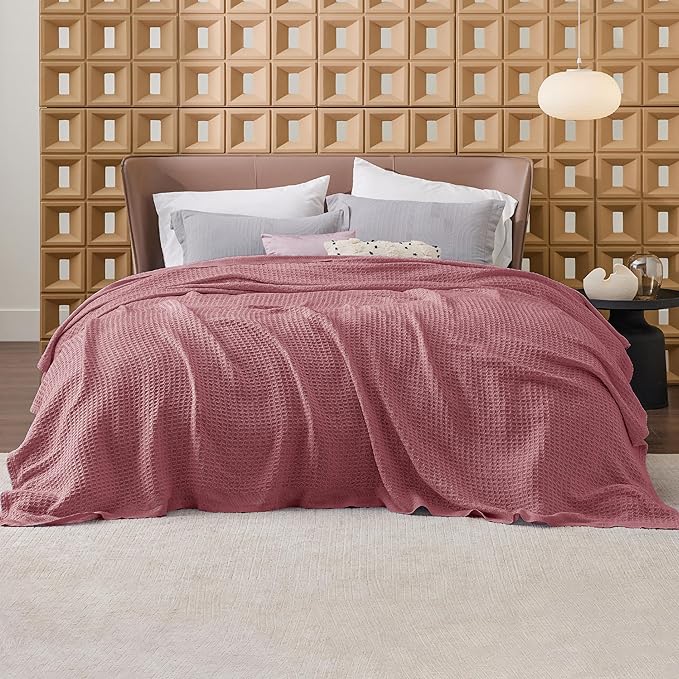 Bedsure 100% Cotton Blanket King Size for Bed - Breathable and Soft, Waffle Weave Blanket for Summer, Thick Cozy Fall Blankets for Women Gift, Dusty Rose, 104x90 inches