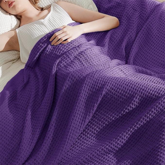 Bedsure 100% Cotton Large Throw Blanket for Couch 50x70 inches - Breathable and Soft, Waffle Weave Throw Blanket for Office, Purple