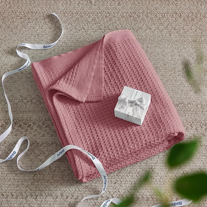 Bedsure 100% Cotton Blanket Twin XL Size for College Dorm - Breathable and Soft, Waffle Weave Twin Blanket for Summer, Dorm Room Essentials, Dusty Rose, 66x90 inches