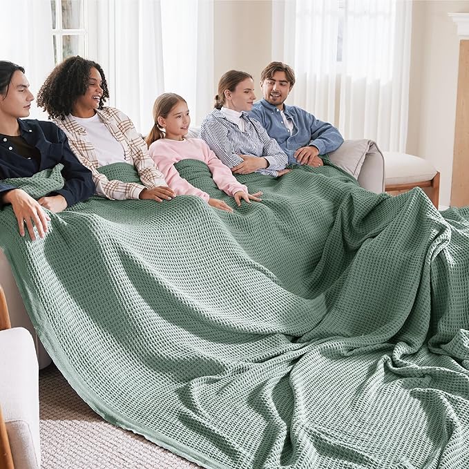 Bedsure 100% Cotton Large Blanket Oversized King for Bed - Breathable Thick Waffle Weave Blanket for Summer, Couch Cover, Sage Green, 120x94 inches