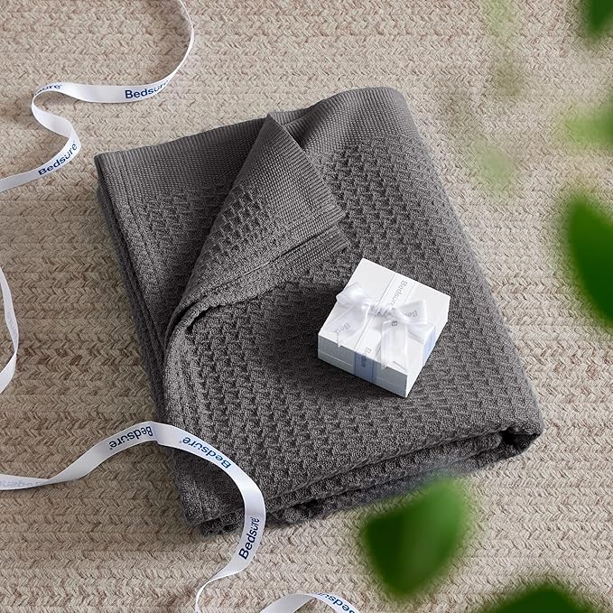 Bedsure 100% Cotton Blanket Queen Size for Bed - Breathable and Soft, Waffle Weave Blanket for Summer, Thick Cozy Fall Blankets for Women Gift, Dark Grey, 90x90 Inches