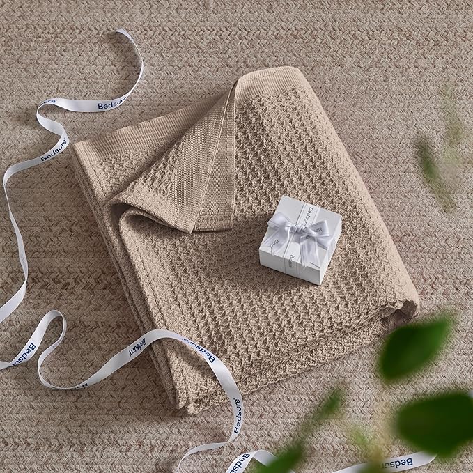 Bedsure 100% Cotton Blanket Queen Size for Bed - Breathable and Soft, Waffle Weave Blanket for Summer, Thick Cozy Fall Blankets for Women Gift, Taupe, 90x90 Inches