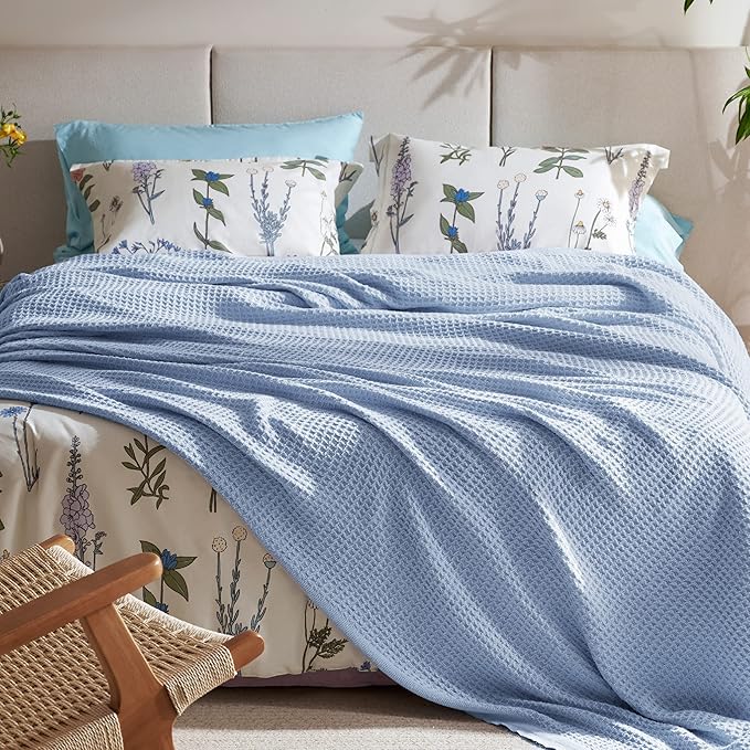 Bedsure 100% Cotton Blanket King Size for Bed - Breathable and Soft, Waffle Weave Blanket for Summer, Thick Cozy Fall Blankets for Women Gift, Sky Blue, 104x90 inches