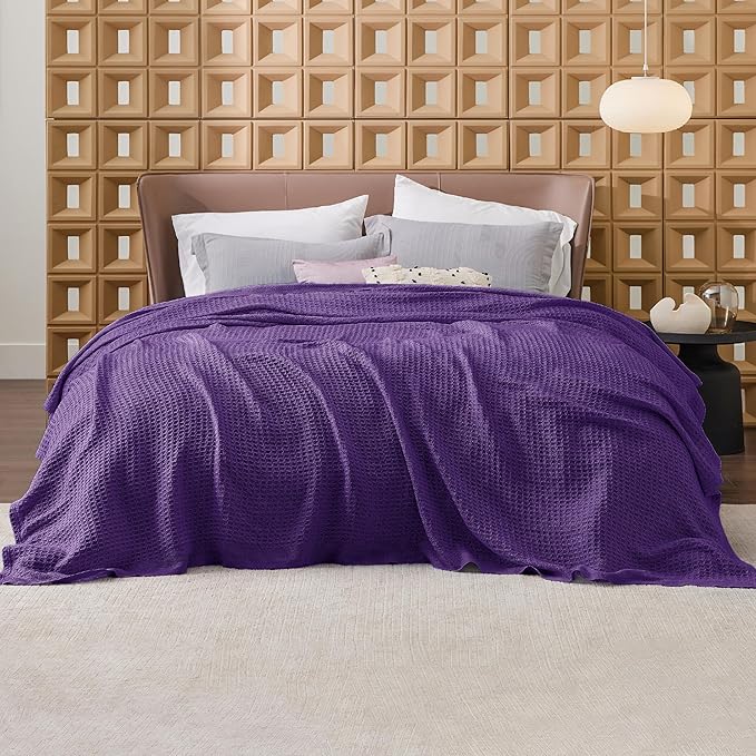 Bedsure 100% Cotton Blanket King Size for Bed - Breathable and Soft, Waffle Weave Blanket for Summer, Thick Cozy Fall Blankets for Women Gift, Purple, 104x90 inches