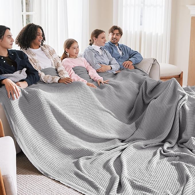 Bedsure 100% Cotton Large Blanket Oversized King for Bed - Breathable Thick Waffle Weave Blanket for Summer, Couch Cover, Grey, 120x94 inches