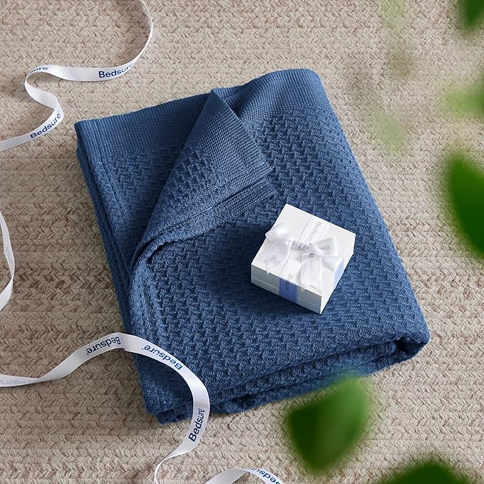 Bedsure 100% Cotton Blanket Twin XL Size for College Dorm - Breathable and Soft, Waffle Weave Twin Blanket for Summer, Dorm Room Essentials, Navy, 66x90 inches