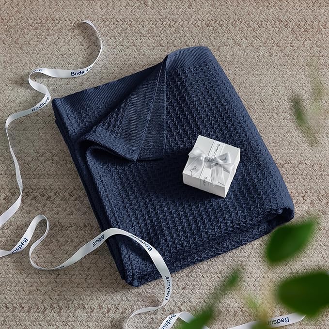 Bedsure 100% Cotton Blanket Twin XL Size for College Dorm - Breathable and Soft, Waffle Weave Twin Blanket for Summer, Dorm Room Essentials, Pageant Blue, 66x90 inches