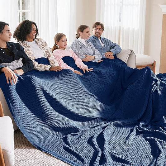 Bedsure 100% Cotton Large Blanket Oversized King for Bed - Breathable Thick Waffle Weave Blanket for Summer, Couch Cover, Navy, 120x94 inches