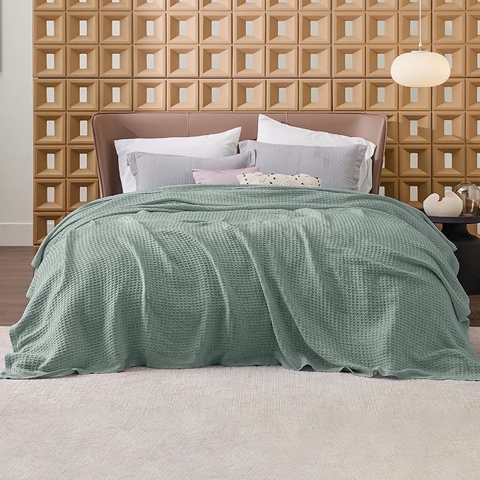 Bedsure 100% Cotton Blanket King Size for Bed - Breathable and Soft, Waffle Weave Blanket for Summer, Thick Cozy Fall Blankets for Women Gift, Sage Green, 104x90 inches