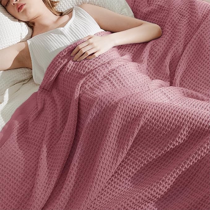 Bedsure 100% Cotton Blanket Twin XL Size for College Dorm - Breathable and Soft, Waffle Weave Twin Blanket for Summer, Dorm Room Essentials, Dusty Rose, 66x90 inches