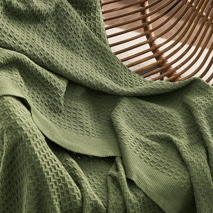 Bedsure 100% Cotton Large Throw Blanket for Couch 50x70 inches - Breathable and Soft, Waffle Weave Throw Blanket for Office, Olive Green