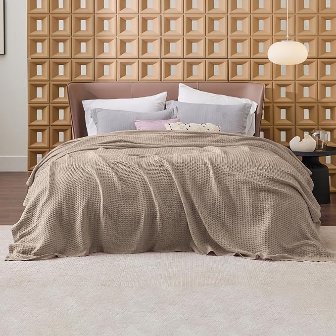 Bedsure 100% Cotton Blanket King Size for Bed - Breathable and Soft, Waffle Weave Blanket for Summer, Thick Cozy Fall Blankets for Women Gift, Taupe, 104x90 inches
