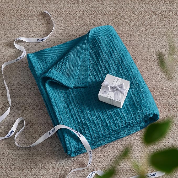 Bedsure 100% Cotton Blanket Queen Size for Bed - Breathable and Soft, Waffle Weave Blanket for Summer, Thick Cozy Fall Blankets for Women Gift, Teal, 90x90 Inches