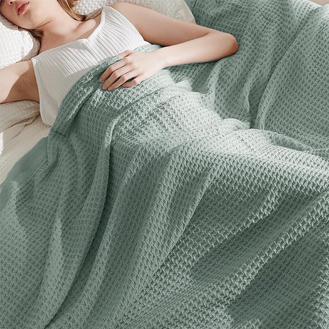 Bedsure 100% Cotton Blanket Twin XL Size for College Dorm - Breathable and Soft, Waffle Weave Twin Blanket for Summer, Dorm Room Essentials, Sage Green, 66x90 inches
