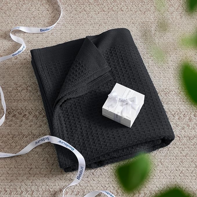 Bedsure 100% Cotton Blanket Twin XL Size for College Dorm - Breathable and Soft, Waffle Weave Twin Blanket for Summer, Dorm Room Essentials, Black, 66x90 inches