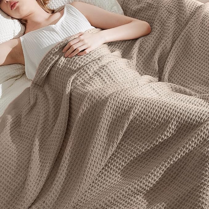Bedsure 100% Cotton Large Throw Blanket for Couch 50x70 inches - Breathable and Soft, Waffle Weave Throw Blanket for Office, Taupe