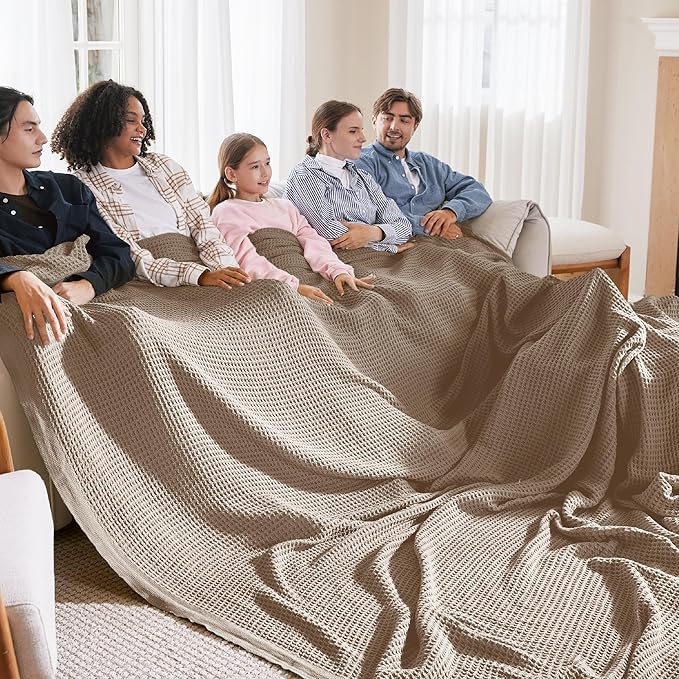 Bedsure 100% Cotton Large Blanket Oversized King for Bed - Breathable Thick Waffle Weave Blanket for Summer, Couch Cover, Taupe, 120x94 inches