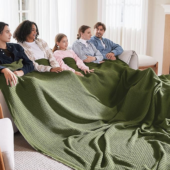Bedsure 100% Cotton Large Blanket Oversized King for Bed - Breathable Thick Waffle Weave Blanket for Summer, Couch Cover, Olive Green, 120x94 inches