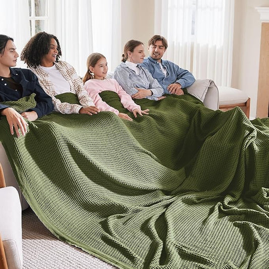 Bedsure 100% Cotton Large Blanket Oversized King for Bed - Breathable Thick Waffle Weave Blanket for Summer, Couch Cover, Olive Green, 120x94 inches