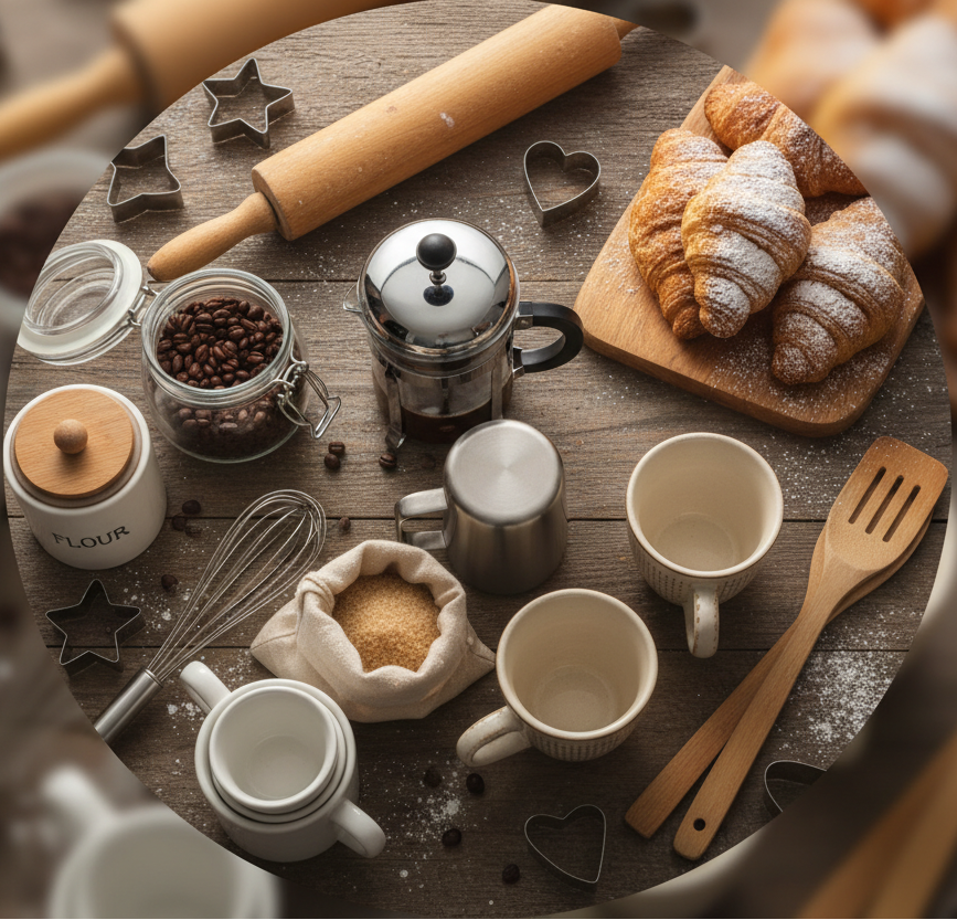 circle photo of home cafe and baking supplies, make a real photo